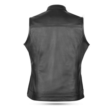 Back view of a women's black leather motorcycle vest, showcasing the sleek design and quality craftsmanship.